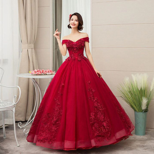 Vestido Debutante Princesa Vermelho Escuro Alça Ombro